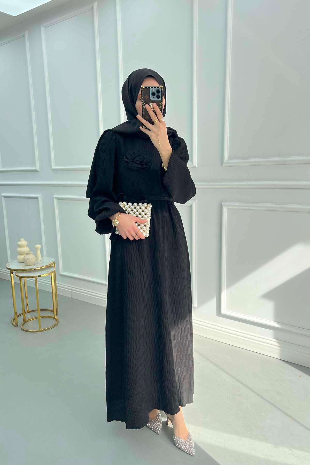 Textured Dress with Rose Brooch Black