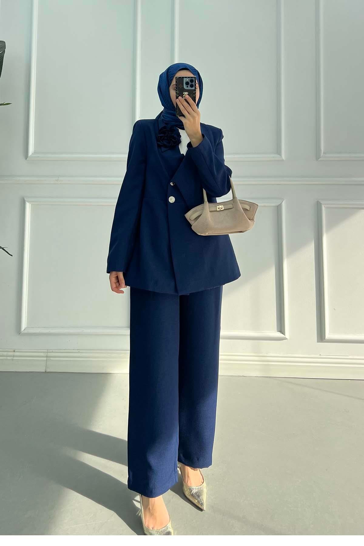 Sare Fashion Rose Brooch Collar Detailed Lined Suit Navy Blue