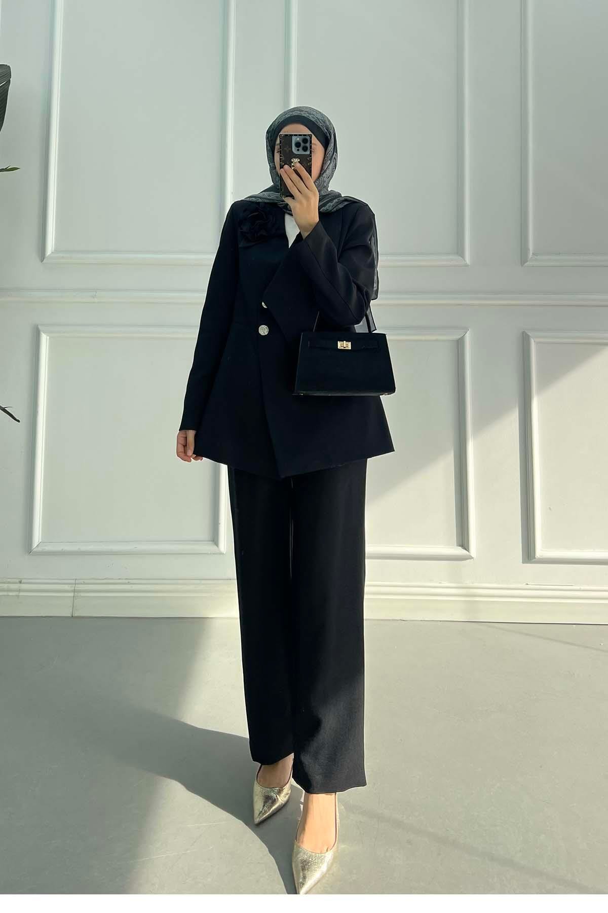 Sare Fashion Rose Brooch Collar Detailed Lined Suit Black