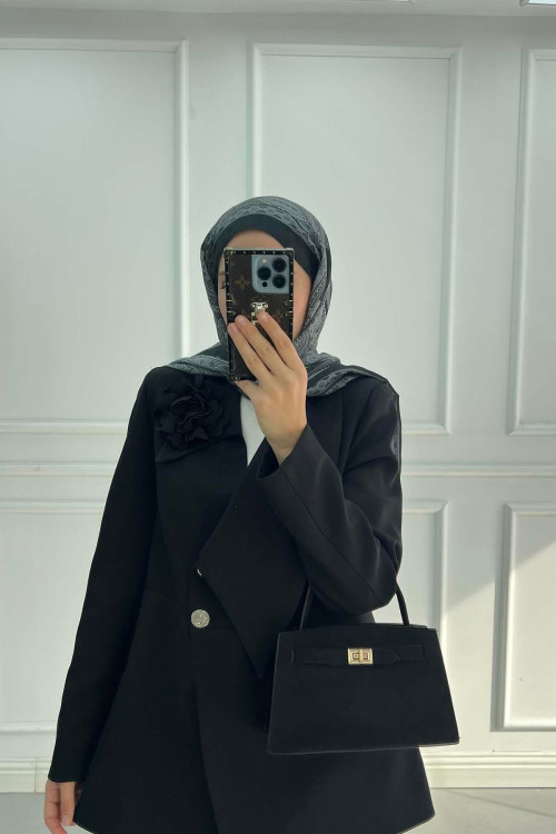 Sare Fashion Rose Brooch Collar Detailed Lined Suit Black