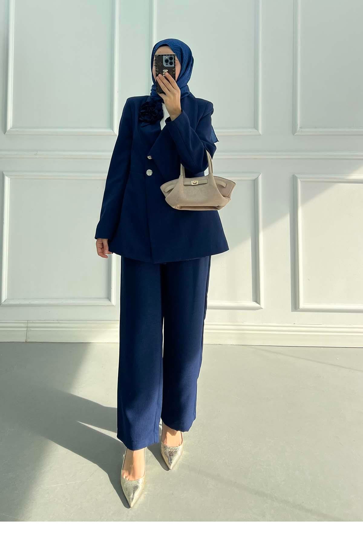 Sare Fashion Rose Brooch Collar Detailed Lined Suit Navy Blue