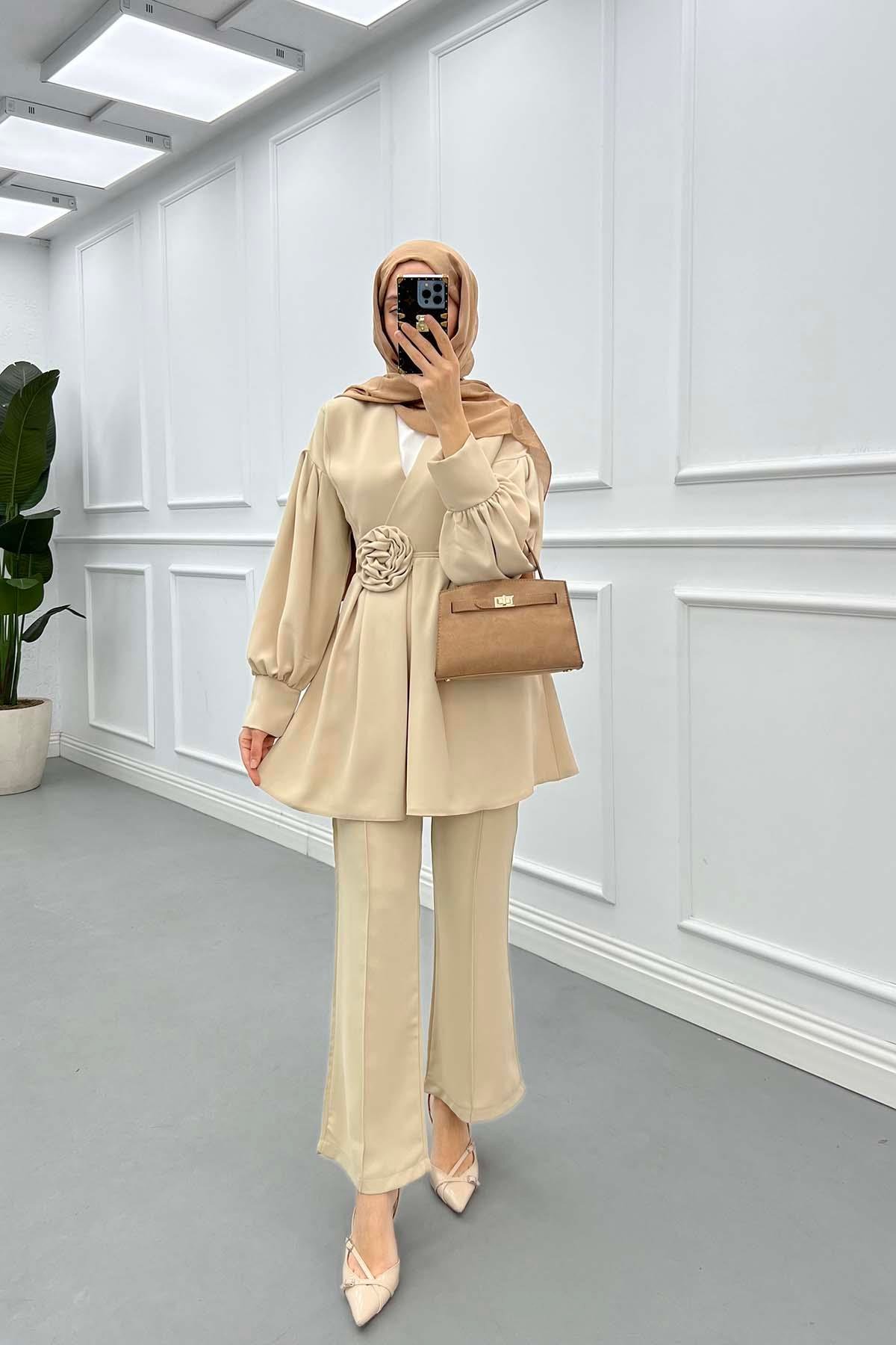 Sare Fashion Rose Belted Trouser Suit Beige