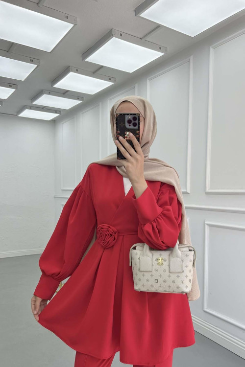 Sare Fashion Rose Belted Trouser Suit Red