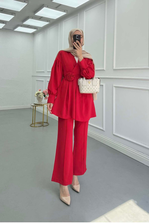 Sare Fashion Rose Belted Trouser Suit Red