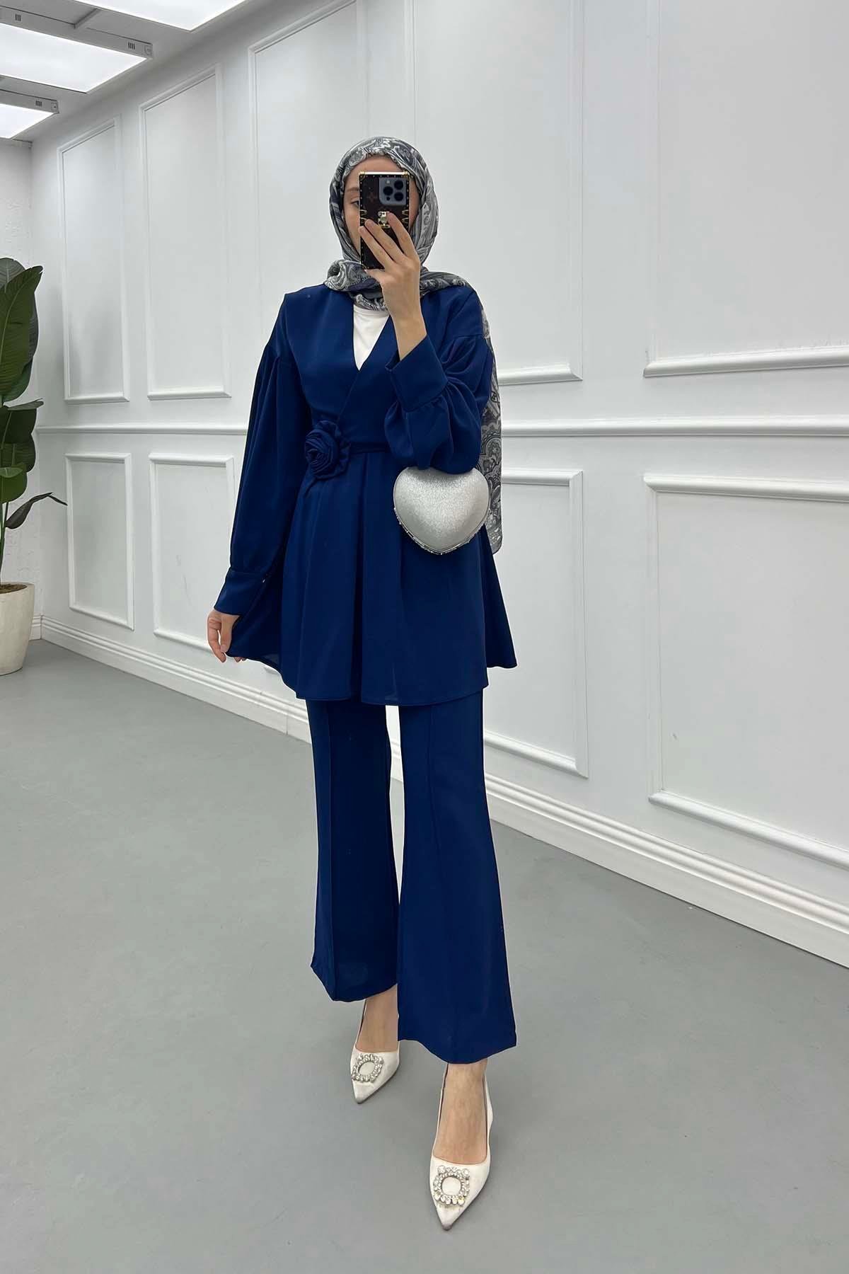 Sare Fashion Rose Belted Trouser Suit Navy Blue