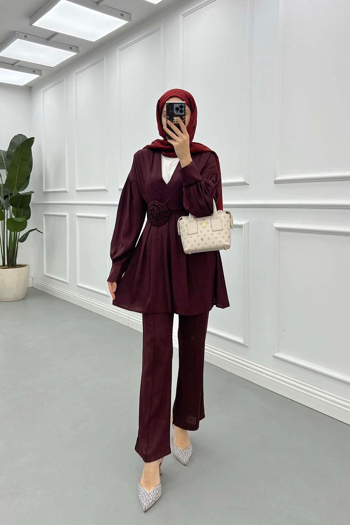 Sare Fashion Rose Belted Trouser Suit Plum