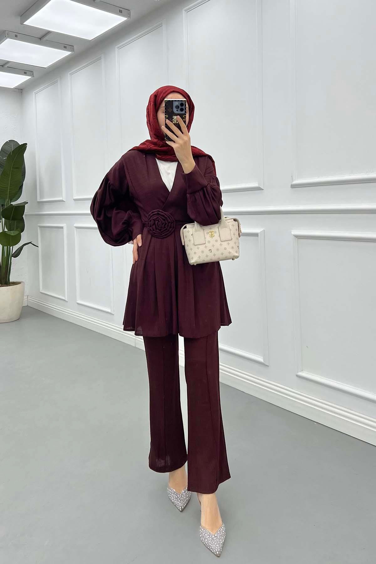 Sare Fashion Rose Belted Trouser Suit Plum
