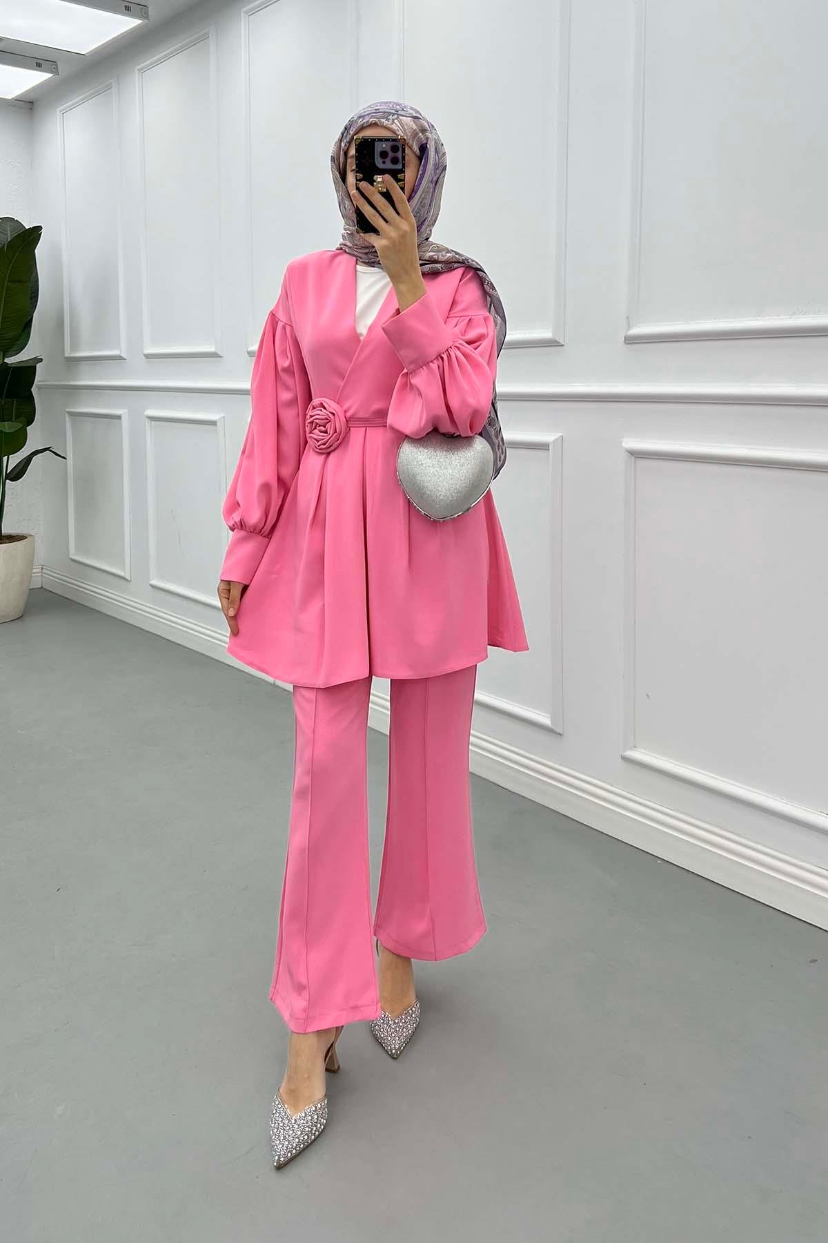 Sare Fashion Rose Belted Trouser Suit Pink