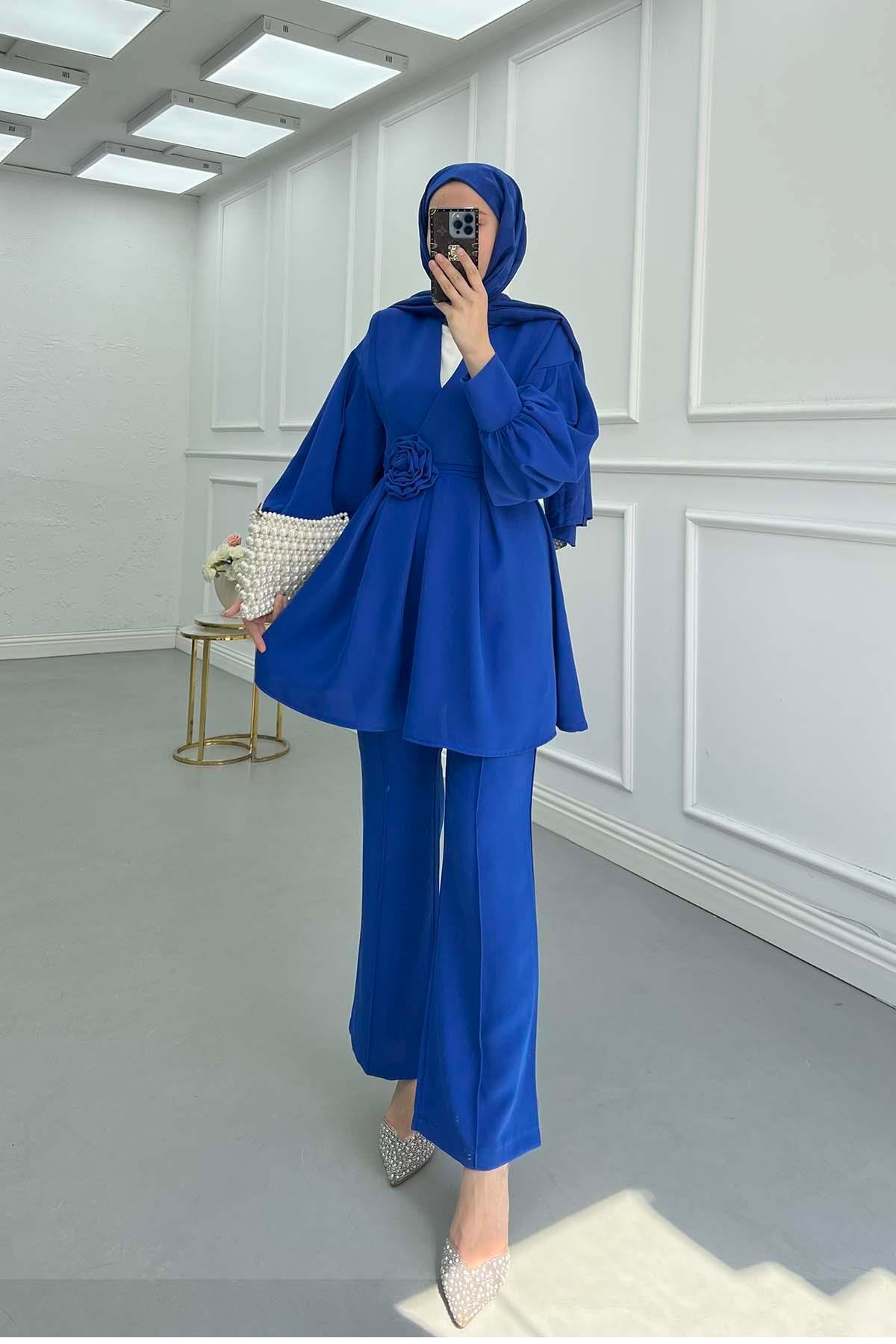 Sare Fashion Rose Belted Trouser Suit Saxe Blue