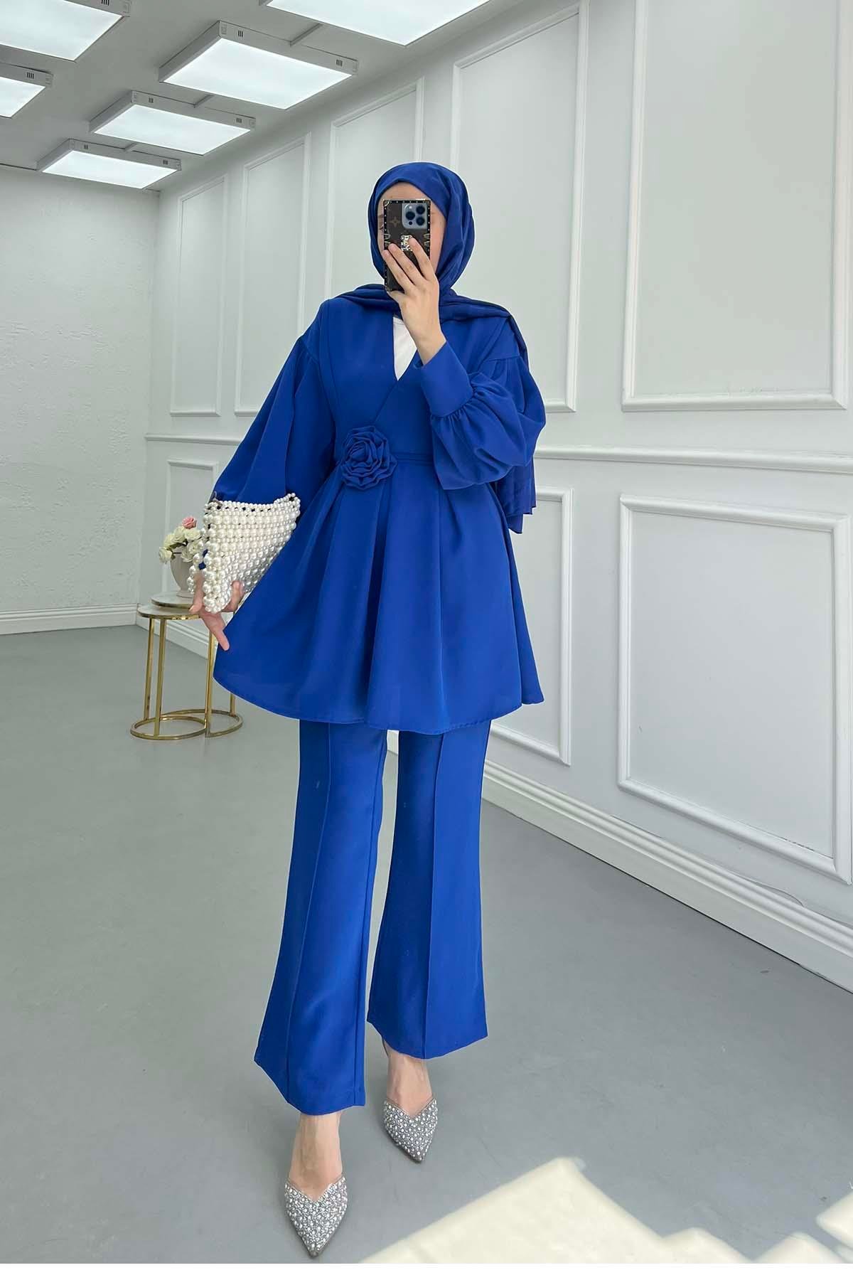 Sare Fashion Rose Belted Trouser Suit Saxe Blue