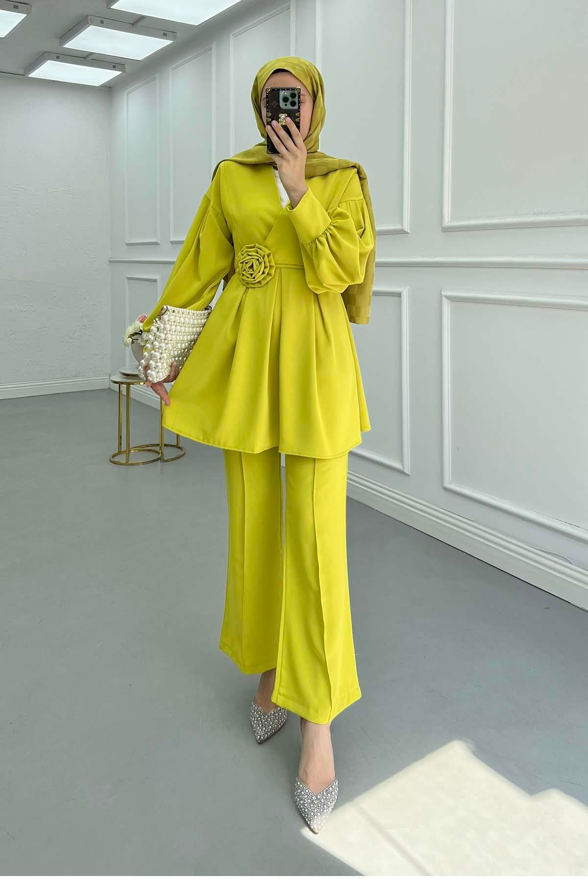 Sare Fashion Rose Belted Trouser Suit Oil Green