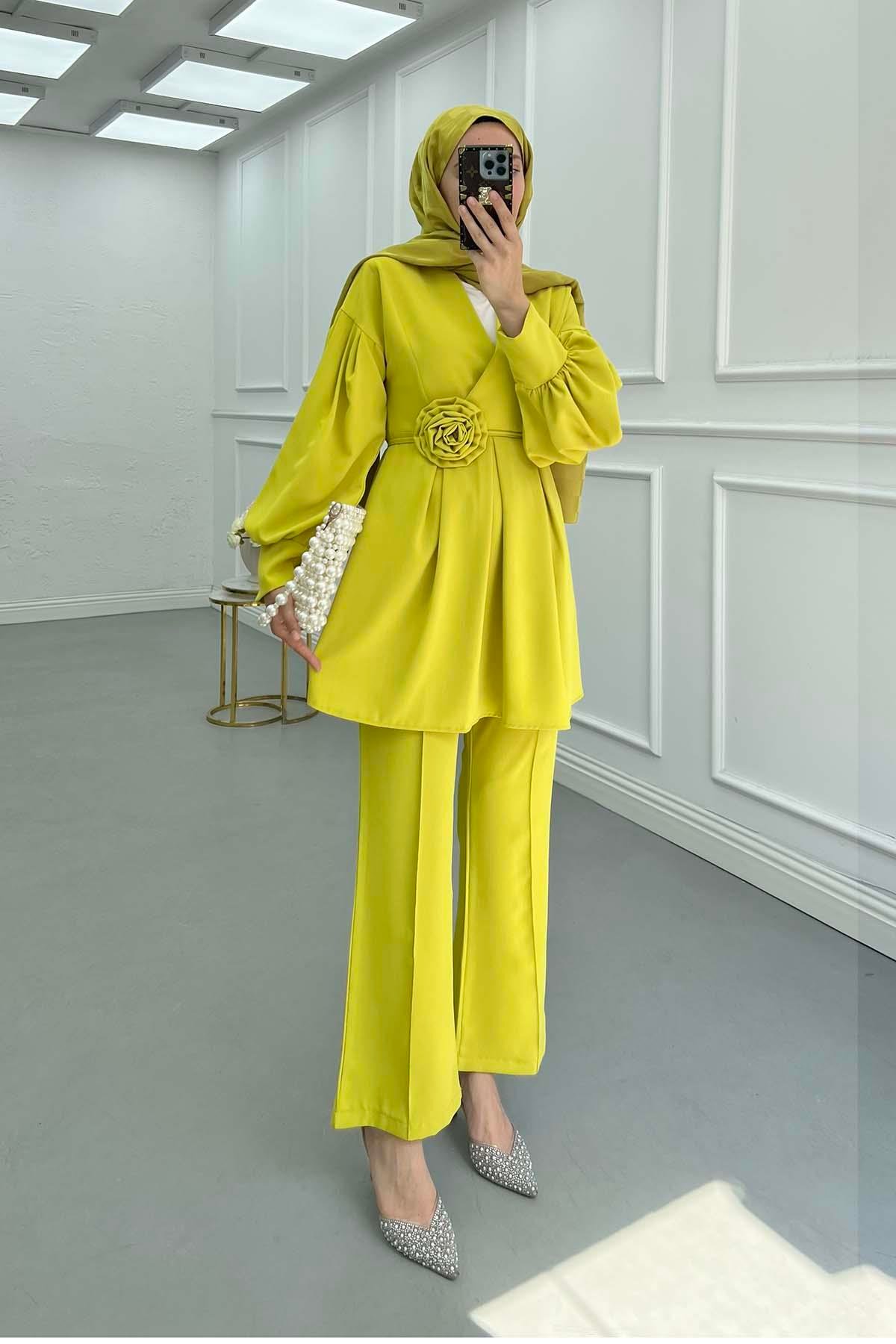 Sare Fashion Rose Belted Trouser Suit Oil Green
