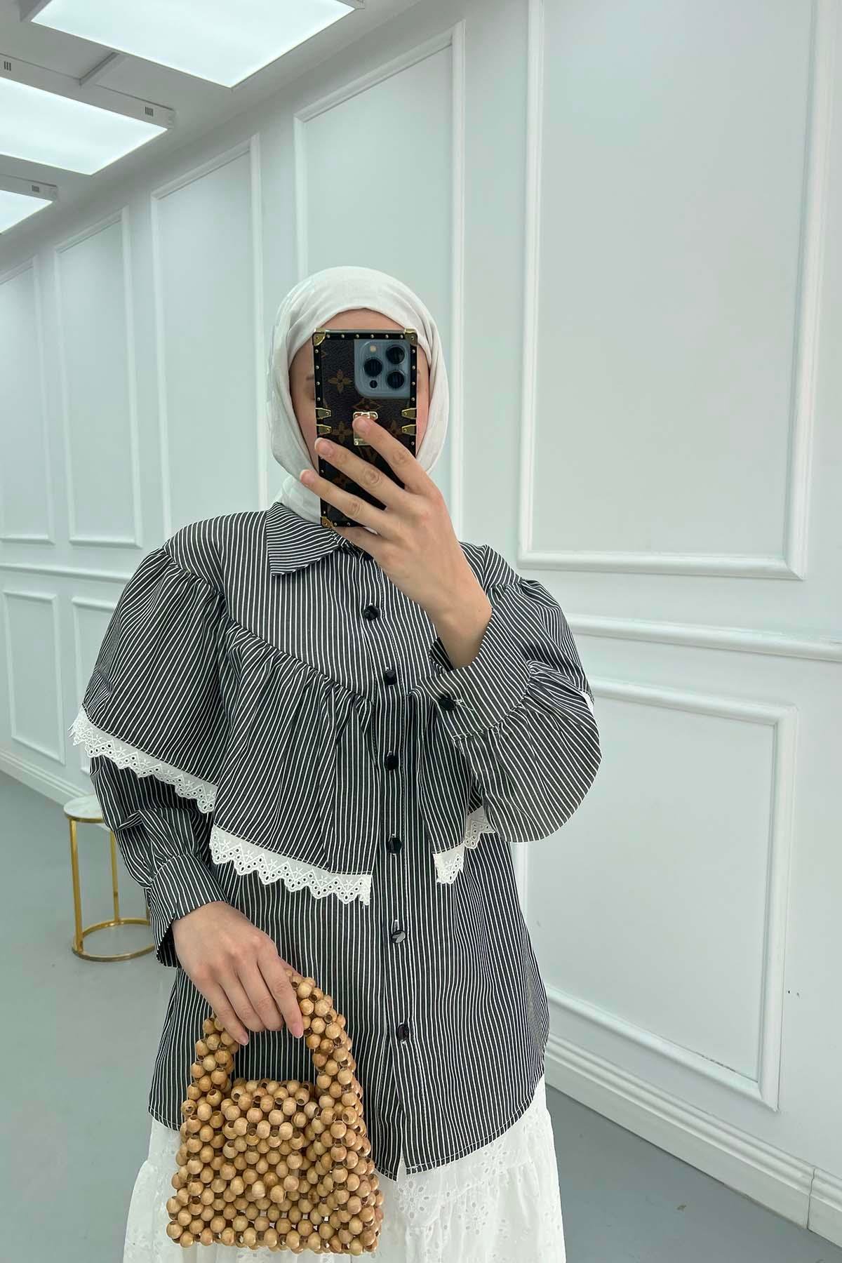 Sare Fashion Lace Striped Shirt Black