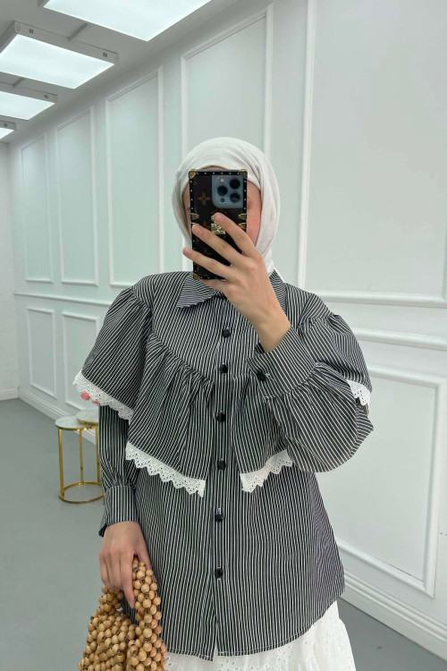 Sare Fashion Lace Striped Shirt Black