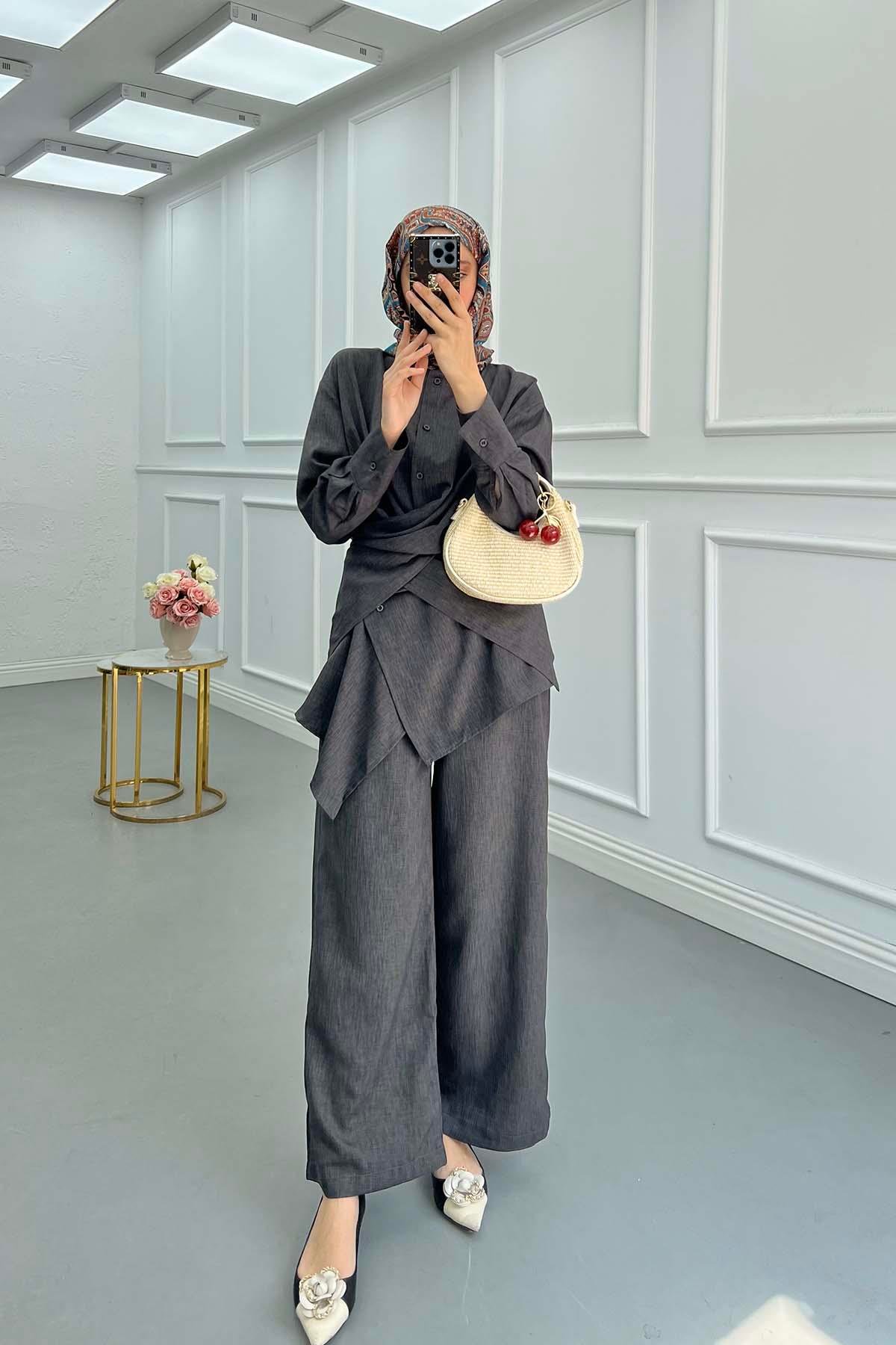 Sare Fashion Judge Collar Shirt Set Smoke
