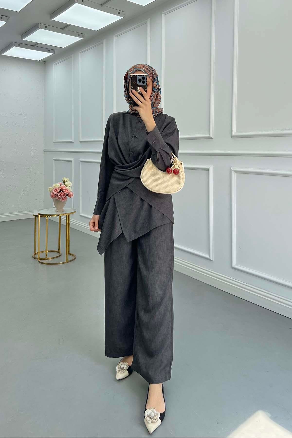 Sare Fashion Judge Collar Shirt Set Smoke