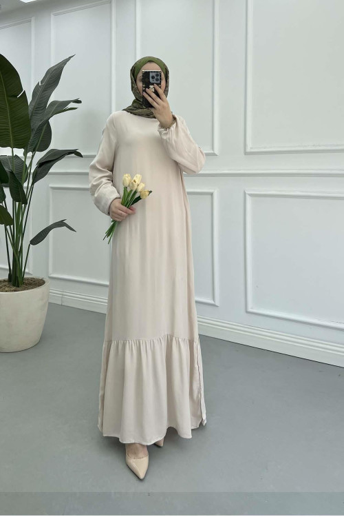 Sare Fashion Grandad Collar Viscose Dress Beige