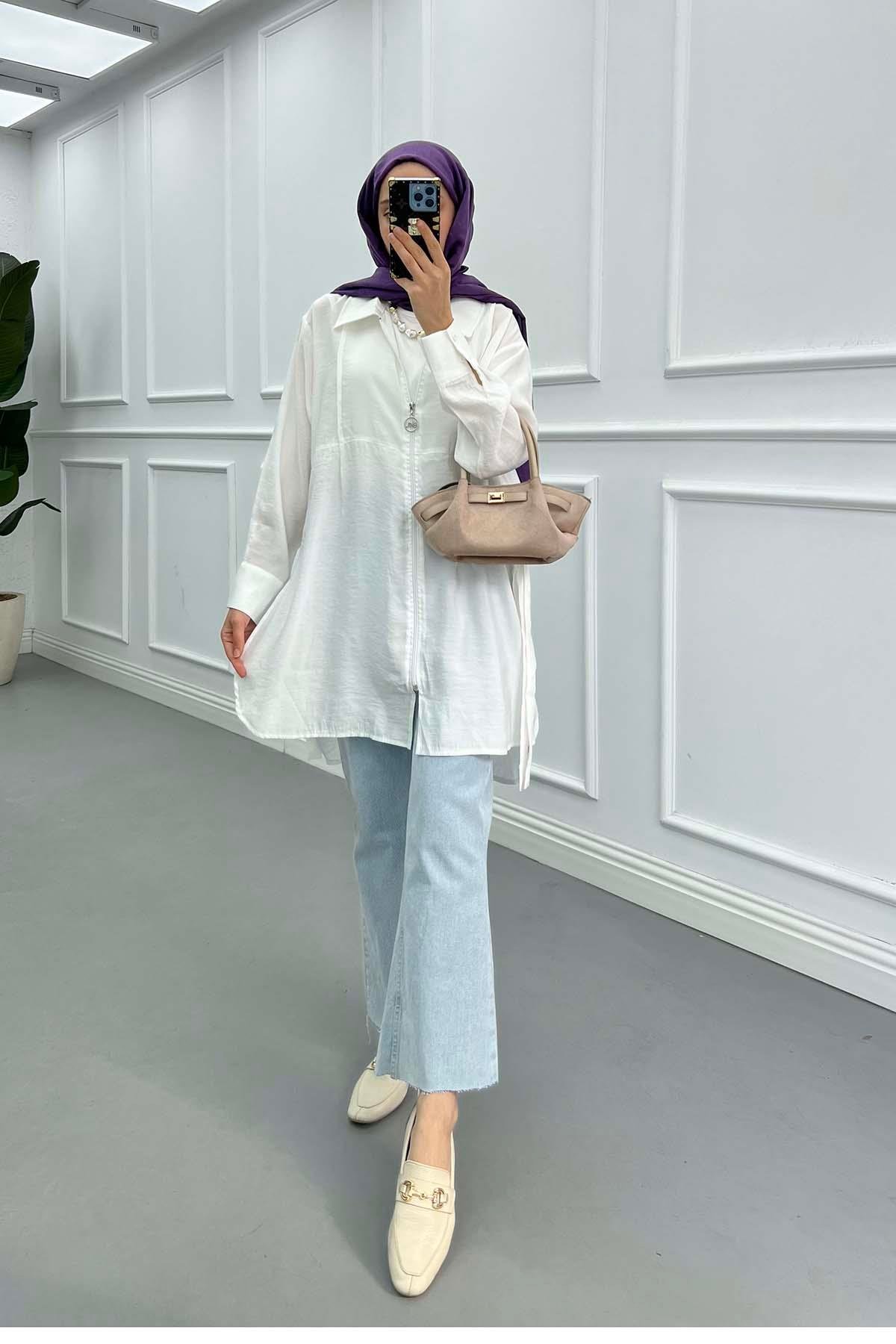 Sare Fashion Ring Detailed Zippered Jacket White