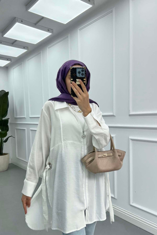 Sare Fashion Ring Detailed Zippered Jacket White