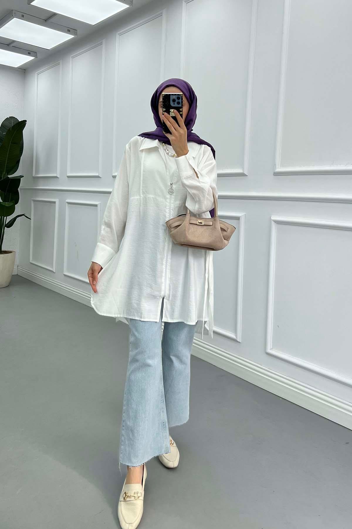 Sare Fashion Ring Detailed Zippered Jacket White