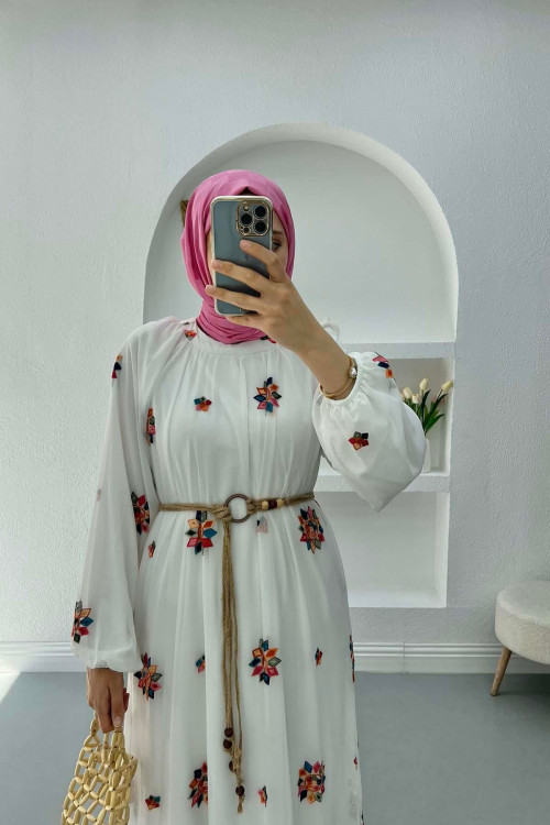 Embroidered Dress with Straw Belt, White