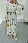 Embroidered Dress with Straw Belt, White