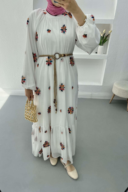 Embroidered Dress with Straw Belt, White