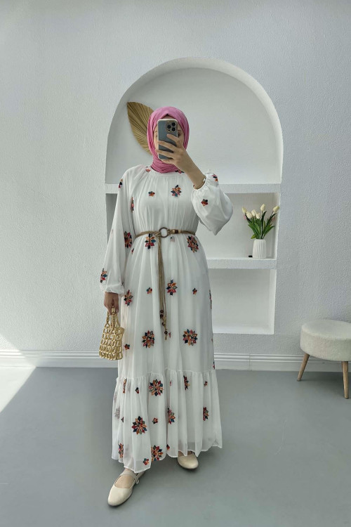 Embroidered Dress with Straw Belt, White