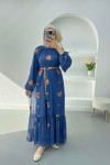 Embroidered Dress with Straw Belt Indigo