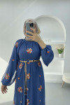 Embroidered Dress with Straw Belt Indigo