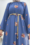 Embroidered Dress with Straw Belt Indigo