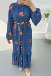 Embroidered Dress with Straw Belt Indigo