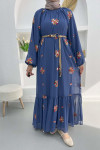 Embroidered Dress with Straw Belt Indigo