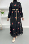 Embroidered Dress with Straw Belt Black
