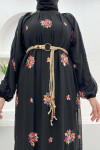 Embroidered Dress with Straw Belt Black