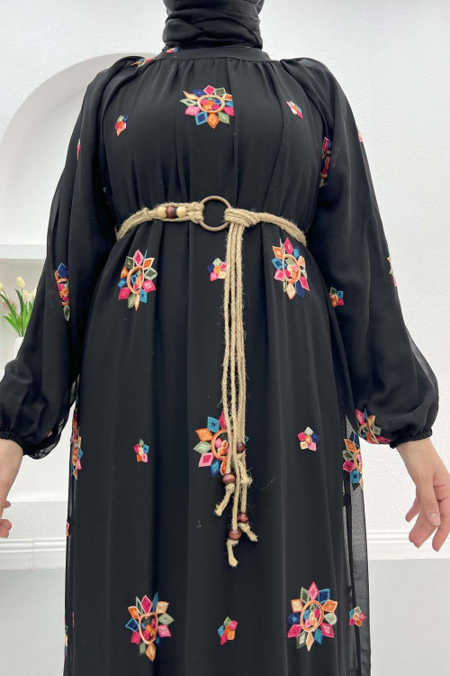 Embroidered Dress with Straw Belt Black