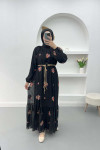 Embroidered Dress with Straw Belt Black