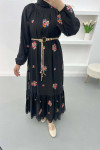 Embroidered Dress with Straw Belt Black