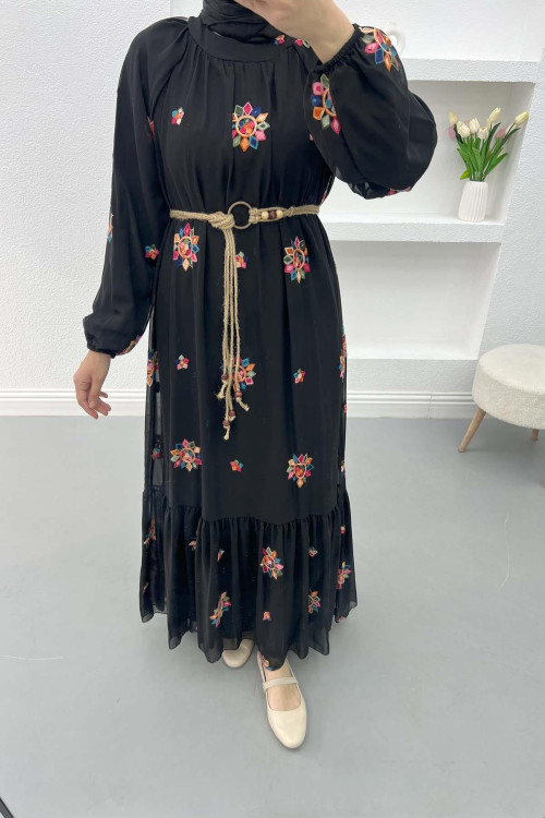 Embroidered Dress with Straw Belt Black