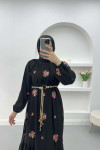 Embroidered Dress with Straw Belt Black
