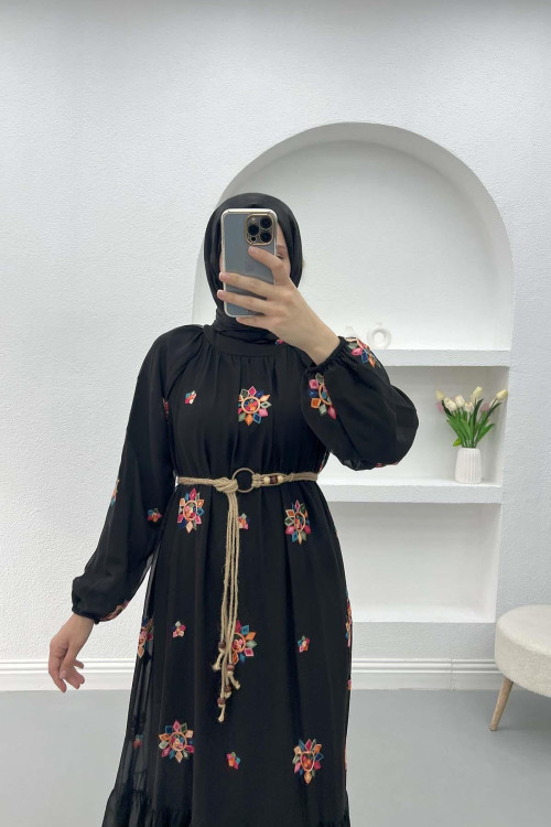 Embroidered Dress with Straw Belt Black