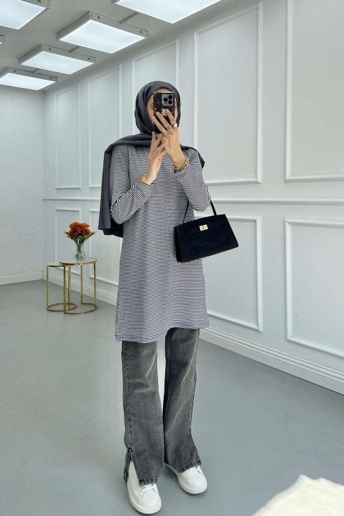 Sare Fashion Fine Striped Viscose Tunic Black
