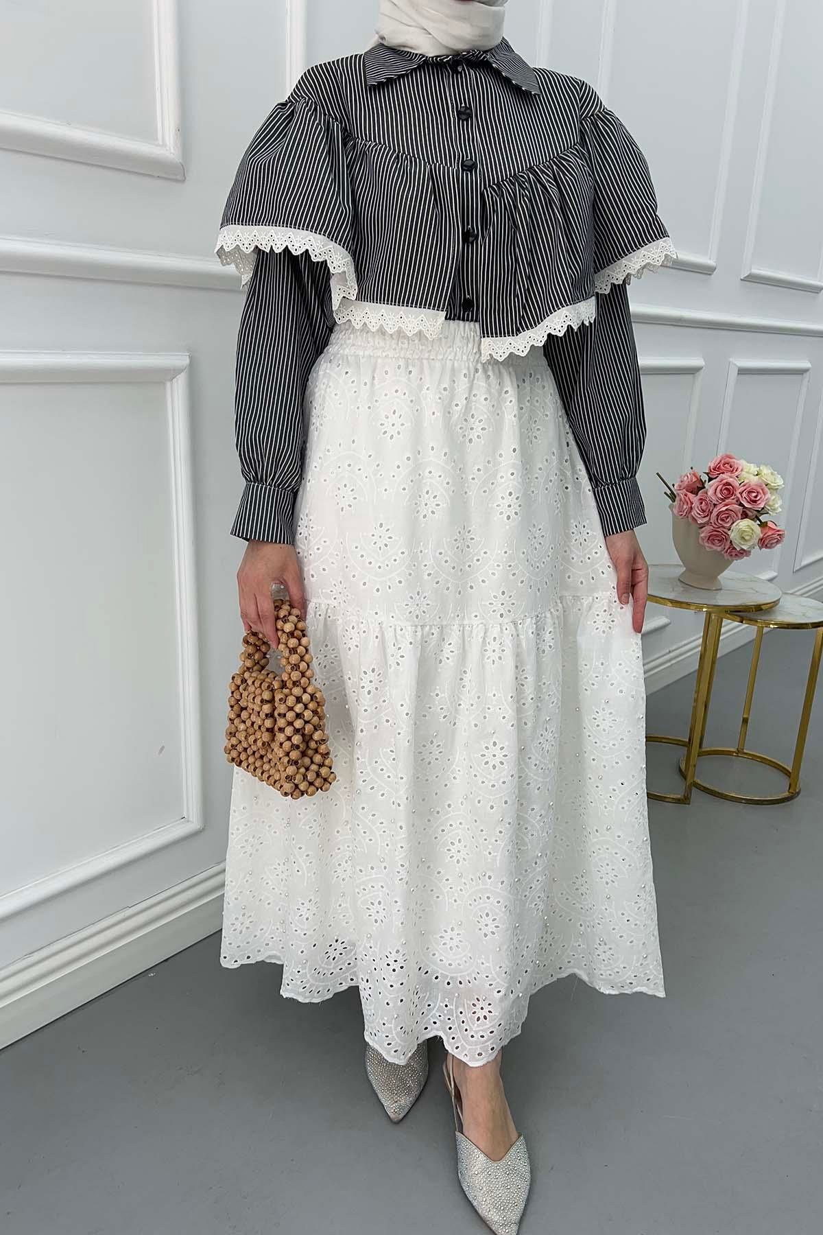 Sare Fashion Pearl Detailed Scallop Skirt White