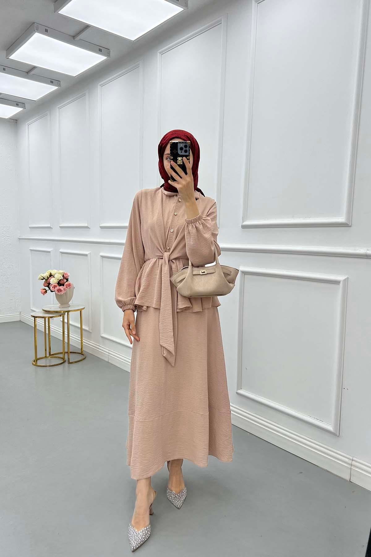 Sare Fashion Pearl Buttoned Tied Skirt Set Beige