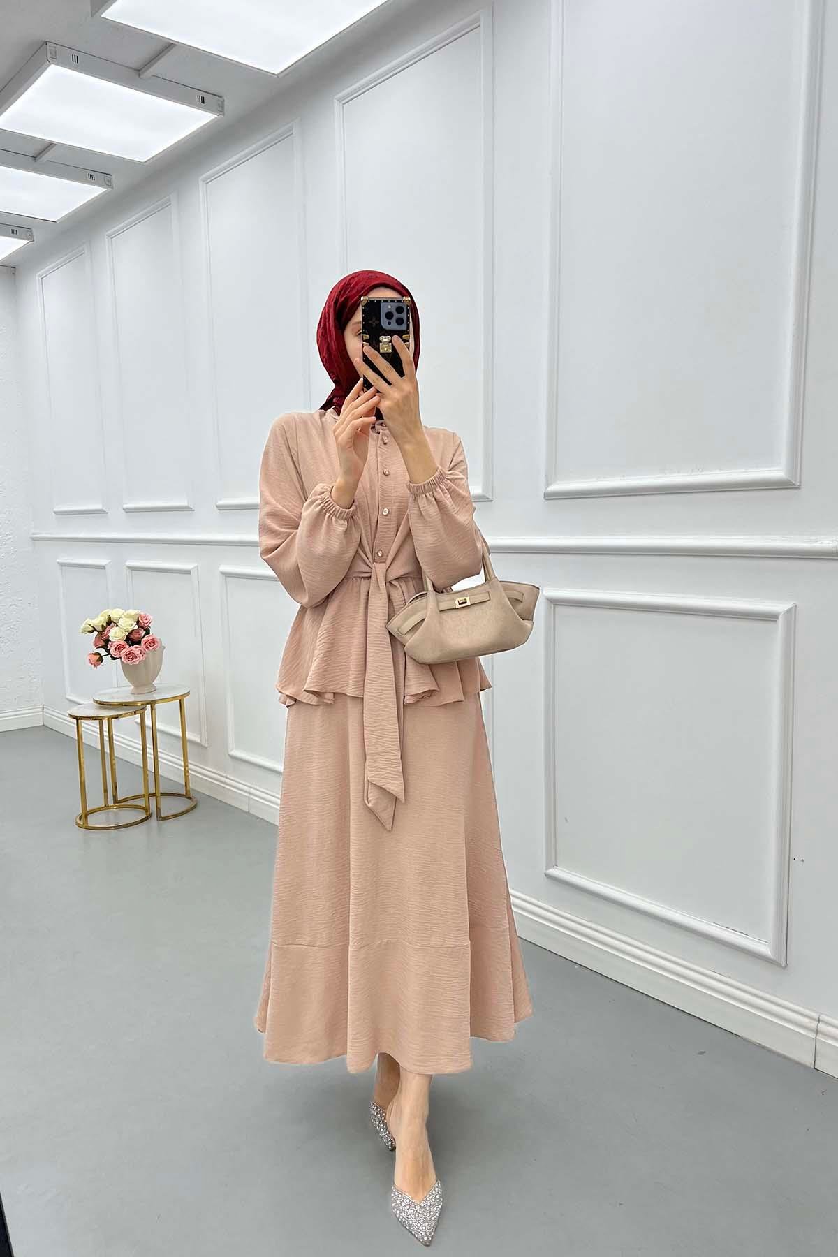 Sare Fashion Pearl Buttoned Tied Skirt Set Beige