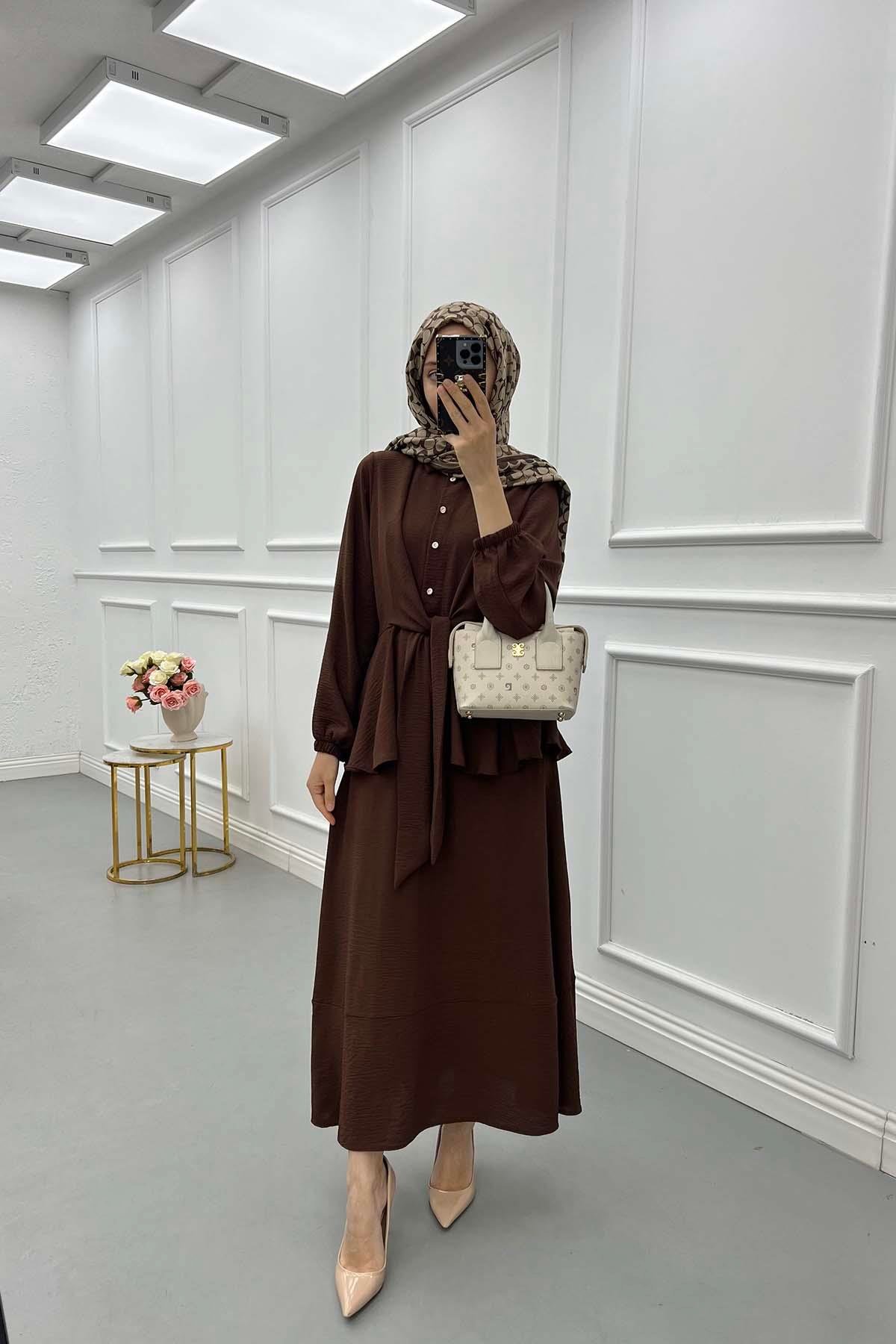 Sare Fashion Pearl Buttoned Tied Skirt Set Brown