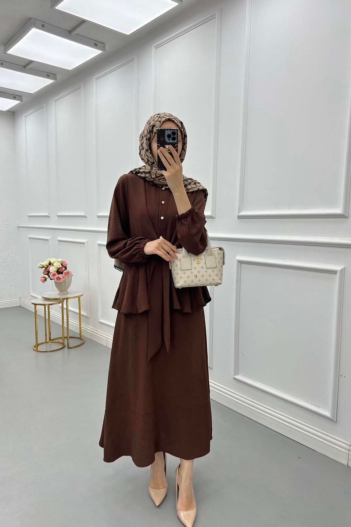 Sare Fashion Pearl Buttoned Tied Skirt Set Brown