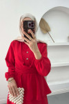 Pearl Buttoned Tied Skirt Set Red