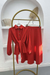 Pearl Buttoned Tied Skirt Set Red
