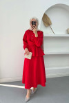 Pearl Buttoned Tied Skirt Set Red